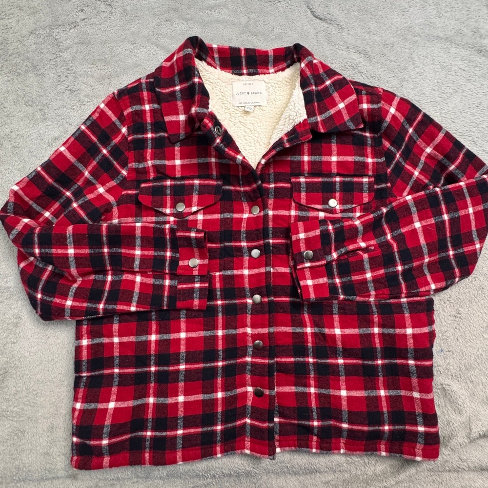 Lucky Brand‎ Red Plaid Sherpa Lined Flannel Shirt Jacket Womens Size Medium